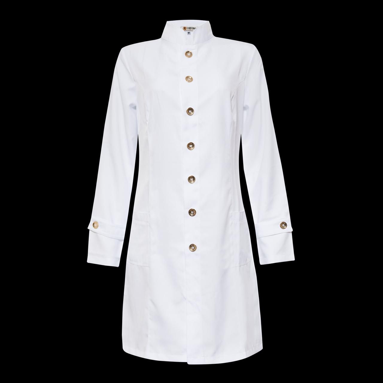 JALECO FEMININO GOLA PADRE MANGA LONGA BRANCO BOTOES DOURADOS